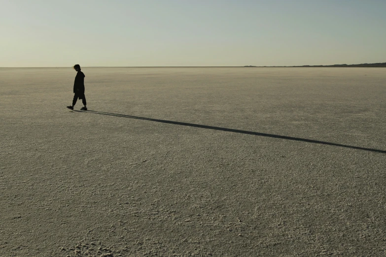 man walking across a desert field, his shadow cast on the ground