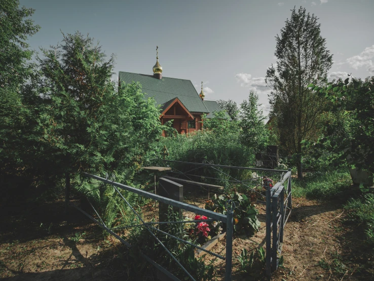 this cabin has a wooden roof and tall green trees