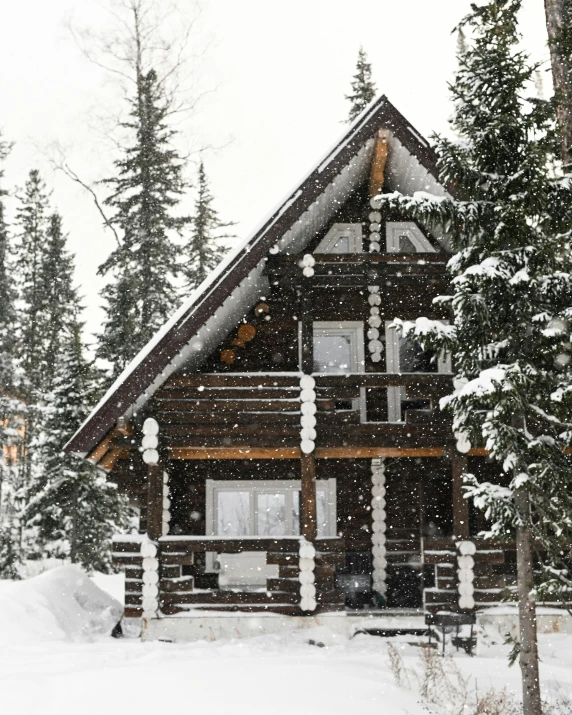 a log house in the snow surrounded by trees