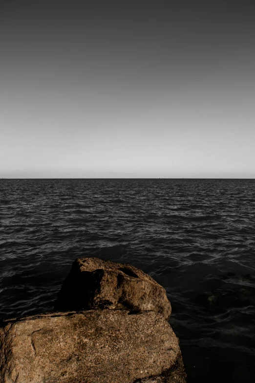 a black and white po of water, land and sky