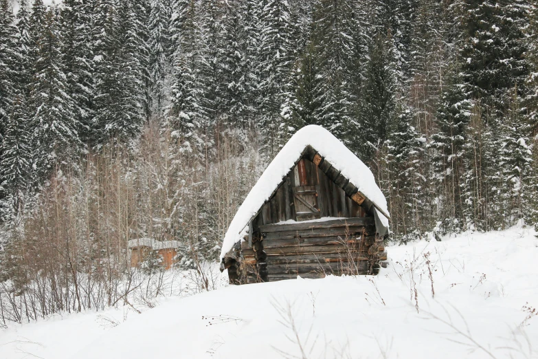 a cabin in the middle of winter with snow on it