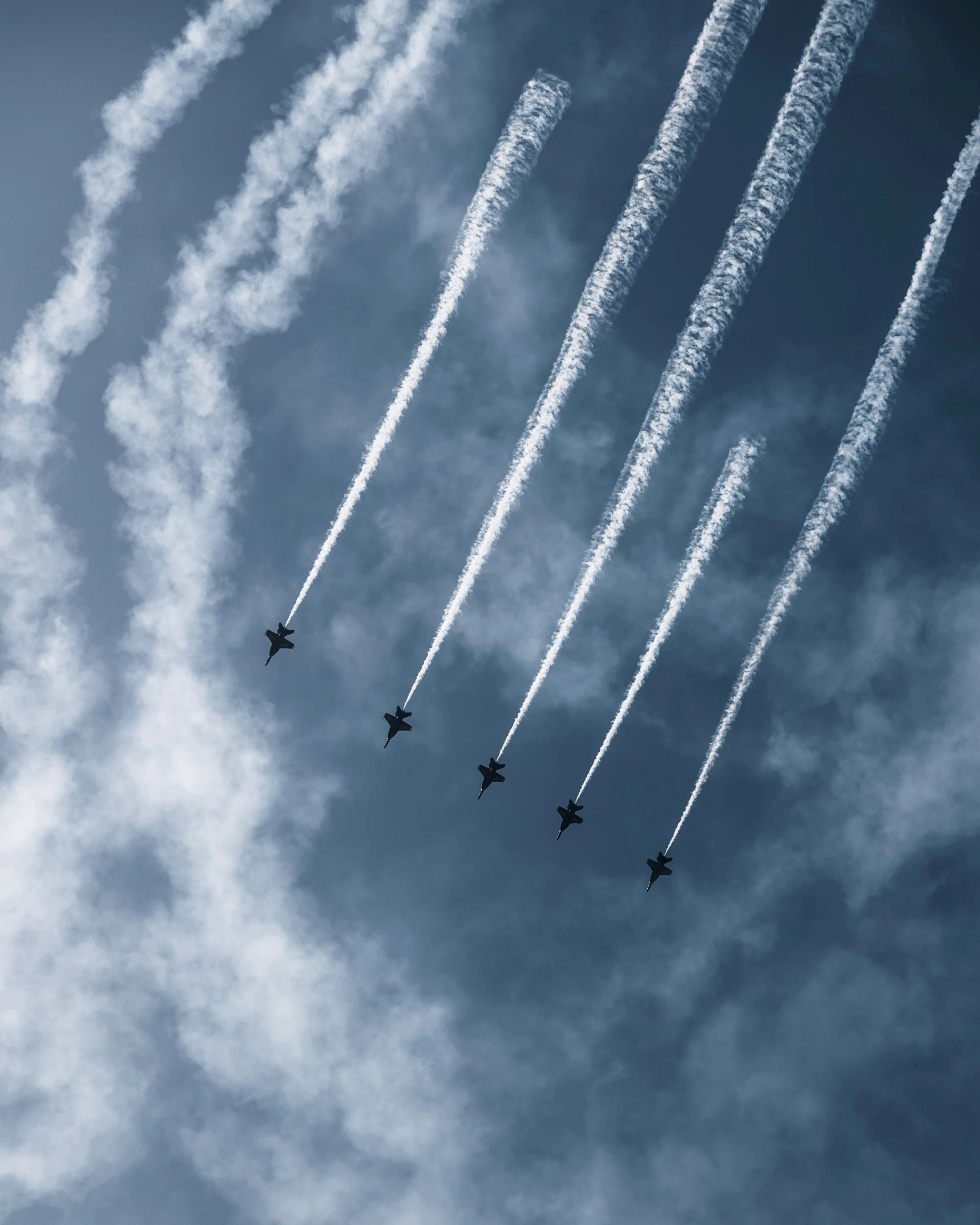 an air formation with eight airplanes in a sky