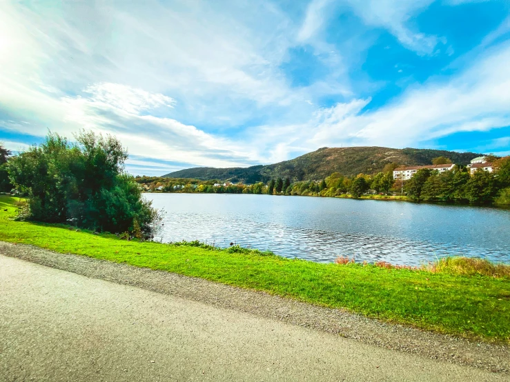 the street beside the lake has grass on it