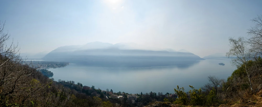 a hill side on the lake shore overlooking a forest