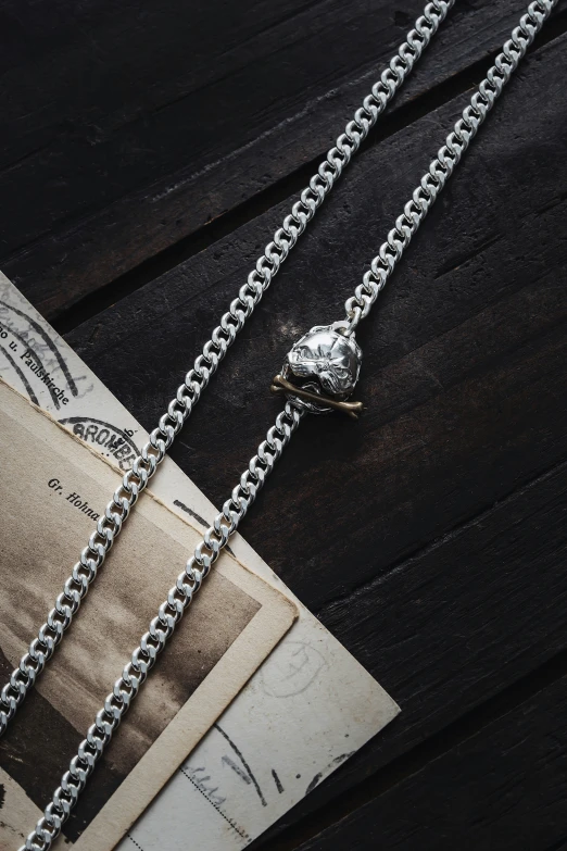 two pieces of money and a silver chain on top of a table