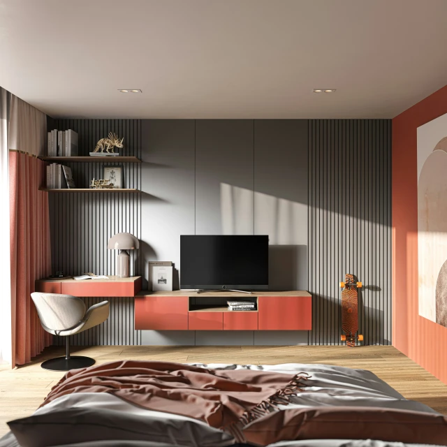 a living room with shelves, a bed and a large tv