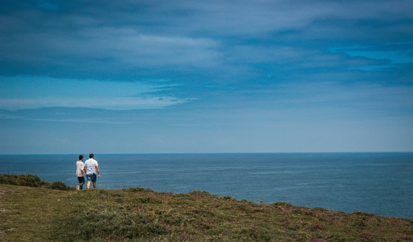 two people in a field facing the ocean