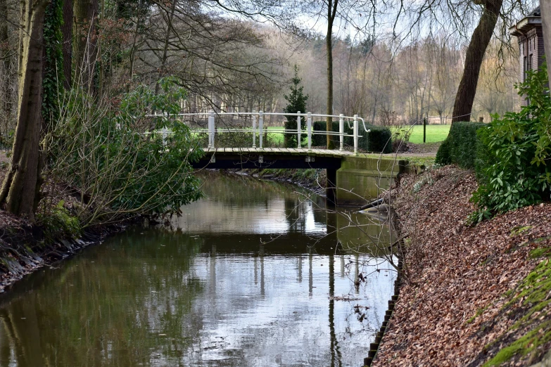 a white bridge and a canal running through a park