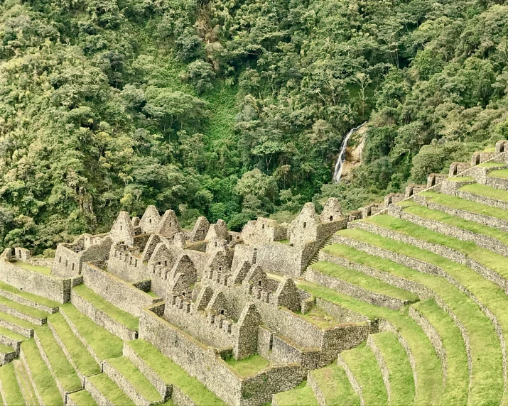 the ruins of a large ampurine structure are surrounded by trees