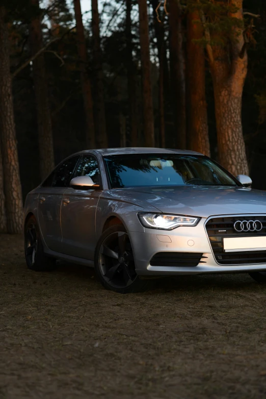 a silver car parked in front of some trees