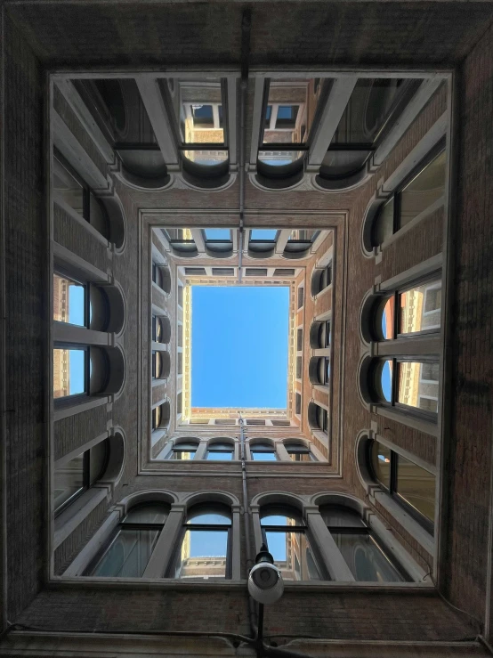 looking up from the bottom level of a building at a skylight