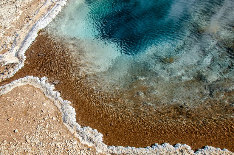 the ocean is turquoise and has brown sand