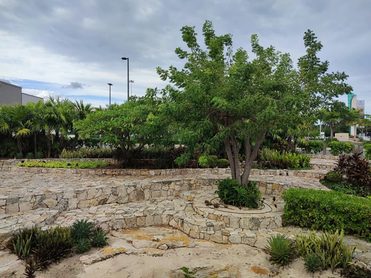 an old stone wall and garden setting with plants on the side