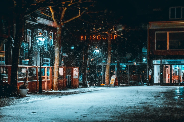 a street at night with lights and trees covered in snow