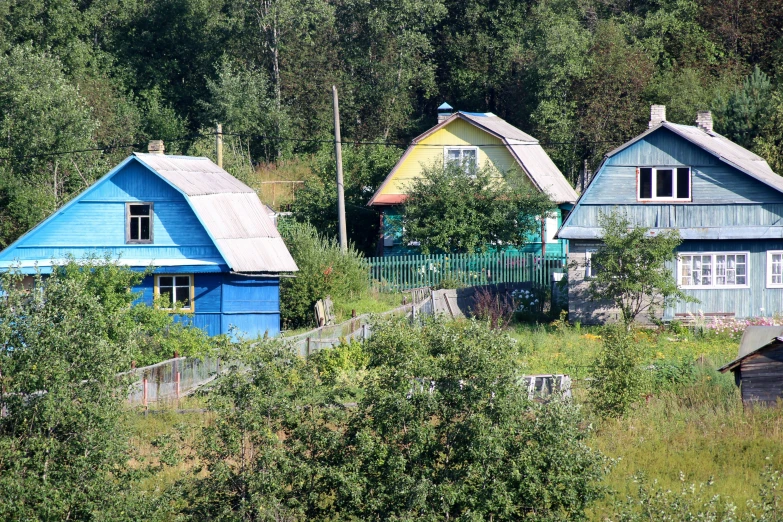 a group of blue houses surrounded by trees