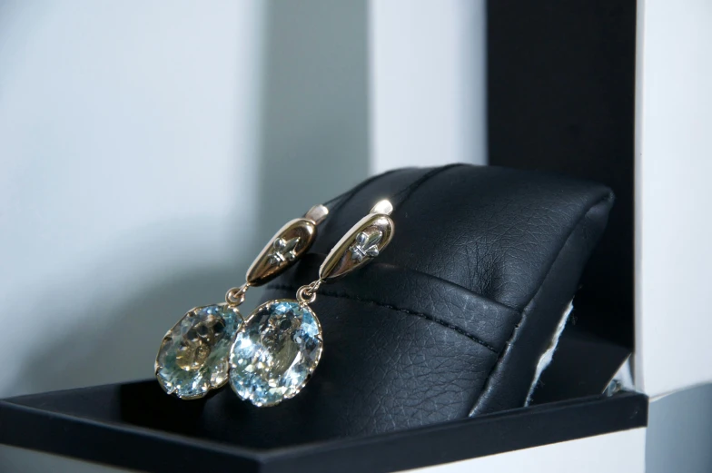 a pair of earrings sitting on top of a display case