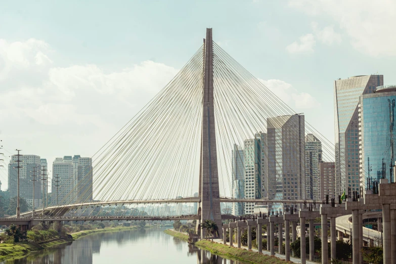 a bridge crosses over a waterway in front of a city