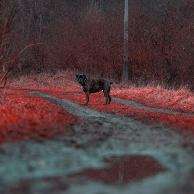 a dog standing on a path near some trees