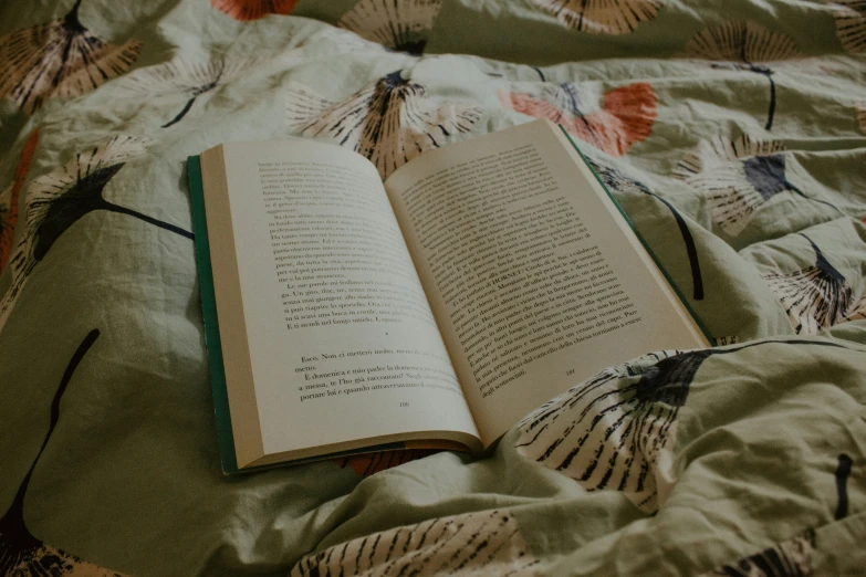 an open book on a bed with floral pattern