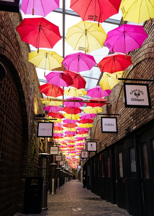 brightly colored umbrellas adorn the streets of a city