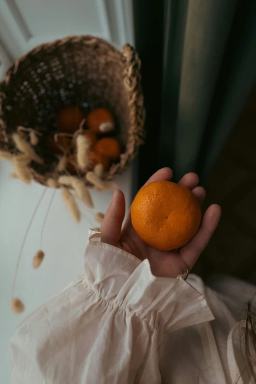 an orange being held up in front of a window