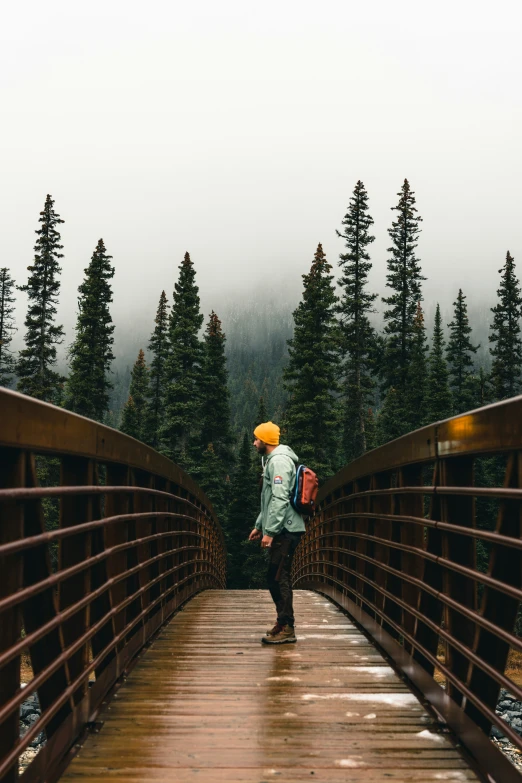 a man walking across a bridge in front of trees