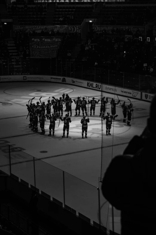 the hockey team is standing on a hockey field