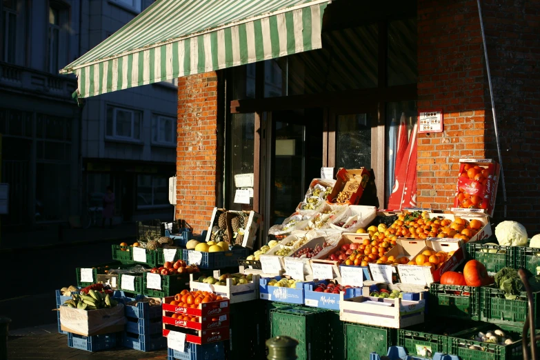 a market has crates and baskets of produce for sale