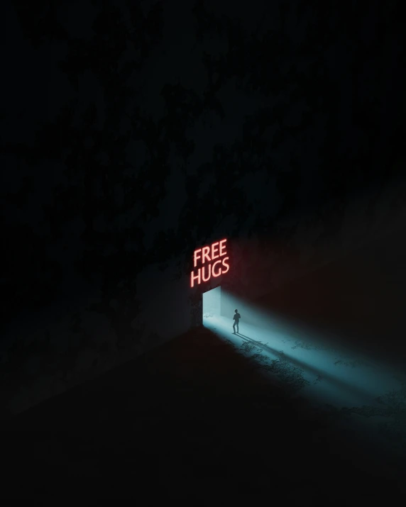 the silhouette of a person walking away from a free hugs sign