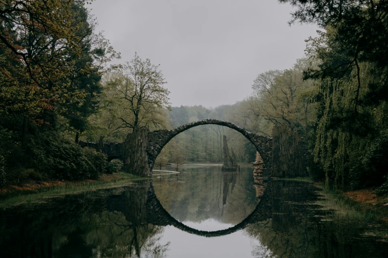 the bridge is reflecting the water in the pond