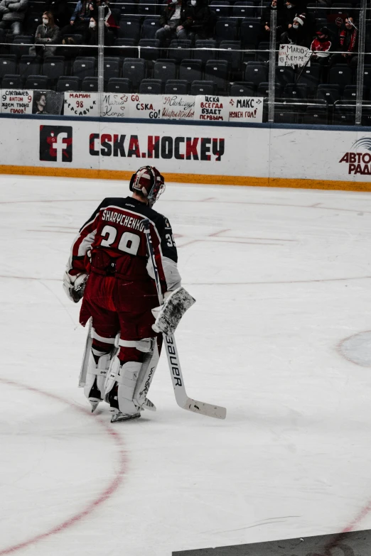 two hockey players standing on the ice during a game