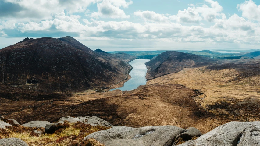 a lake sits in between two large mountains