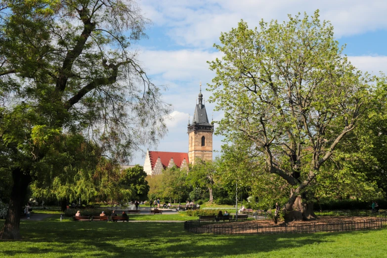 a view of the steeple and clock tower from across a park