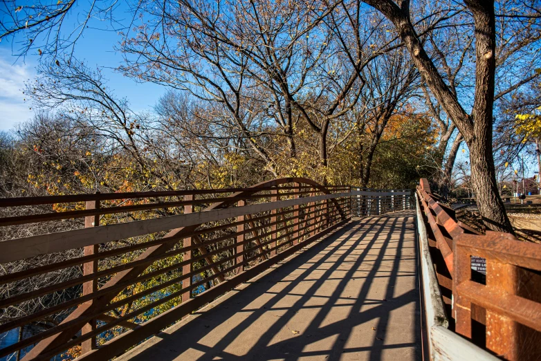 a bridge with metal railings and trees in the background