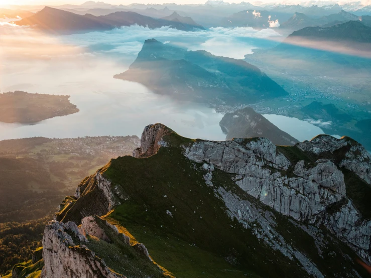 an aerial view shows the steep peaks of rocky mountains