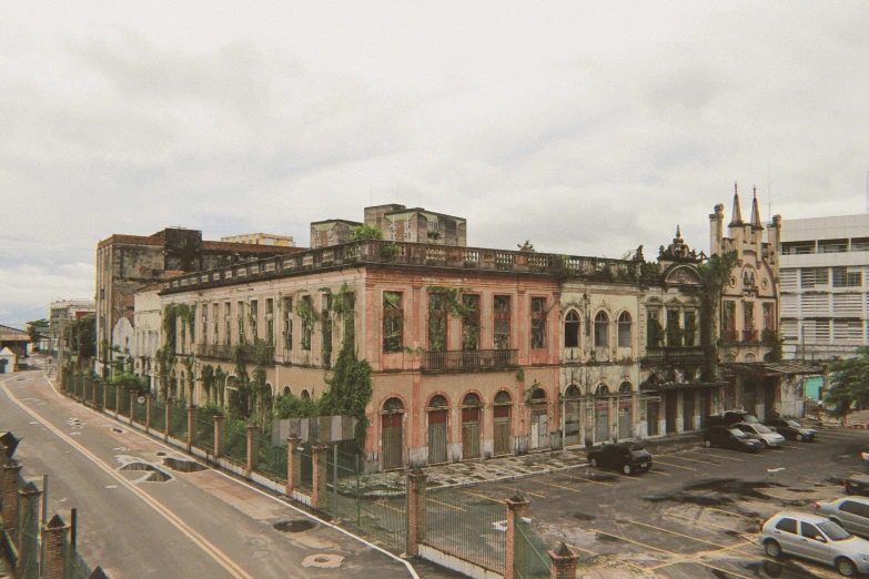 the old building has vines growing from it