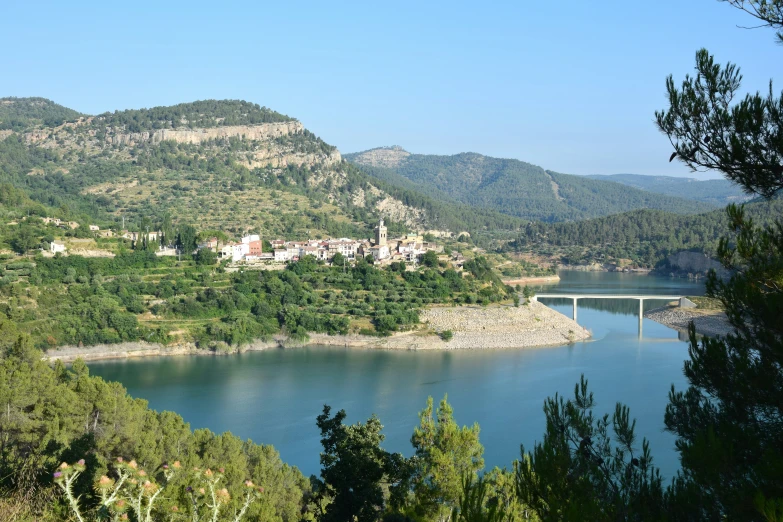 a lake with lots of green trees and a bridge