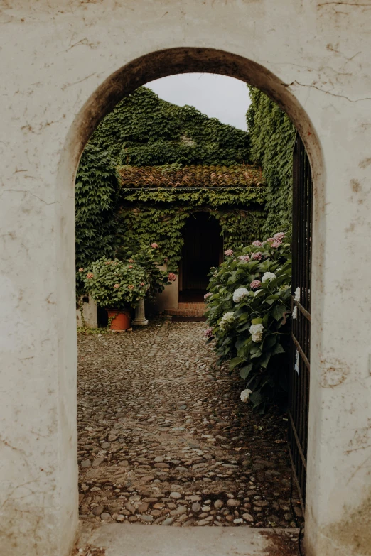 a brick road leads into an arched door