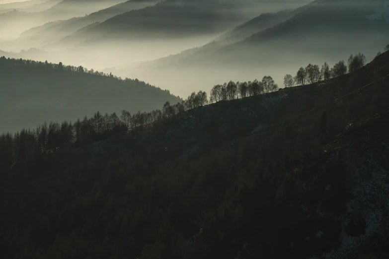 a hill covered in fog with trees and mountains behind it