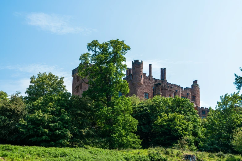 a castle is nestled in the trees of an outdoor area