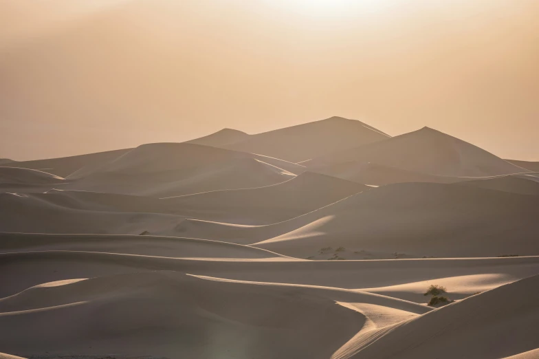 an arid landscape has sand dunes covered in snow