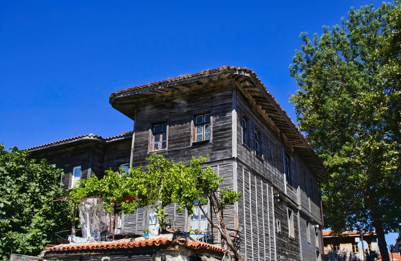 an old building with windows surrounded by greenery