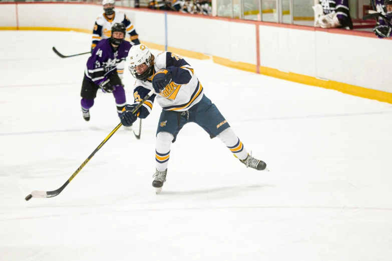 two young men playing ice hockey in front of an audience