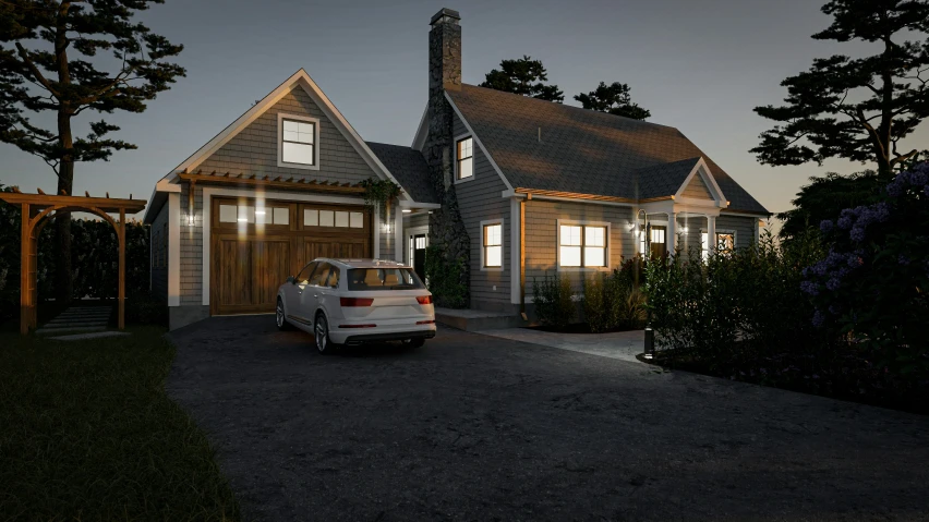 a car parked in front of a house at dusk