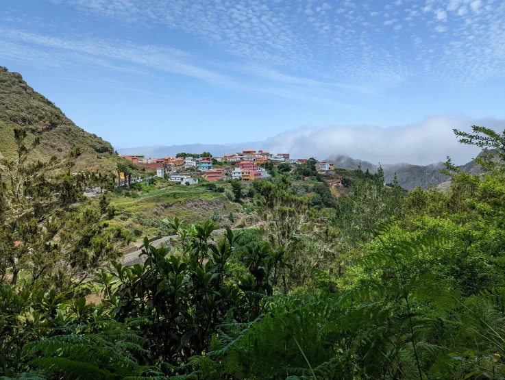 a town sitting on a green hillside surrounded by trees