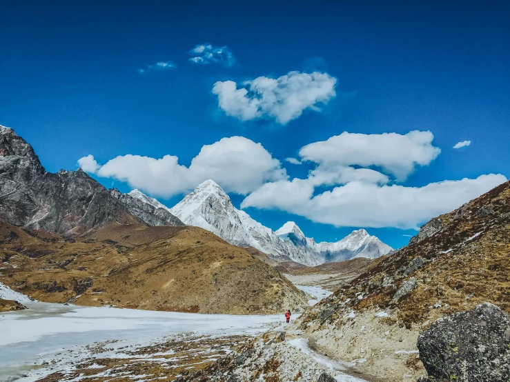 a scenic picture of snow - covered mountains on the way to the summit