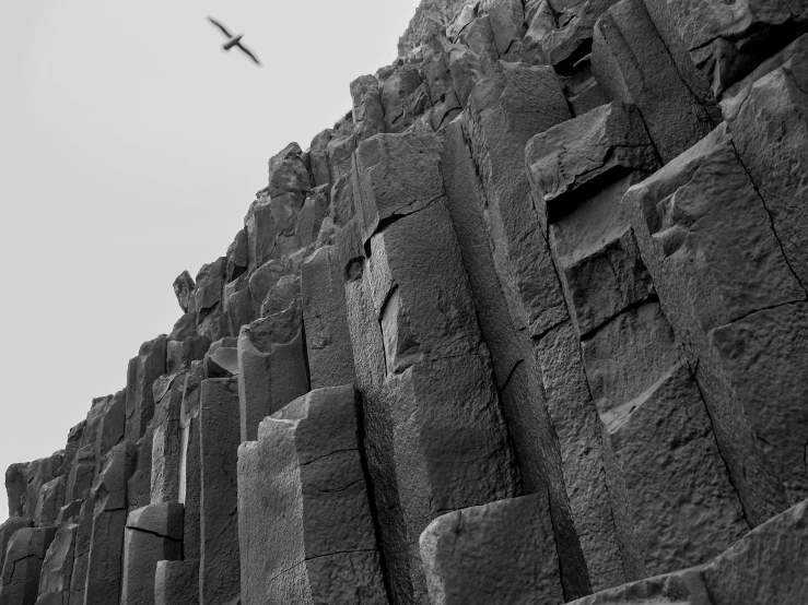 a bird flying over the top of an island with giant stones