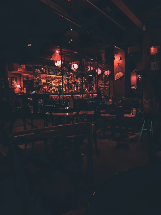 a dimly lit bar has tables and stools