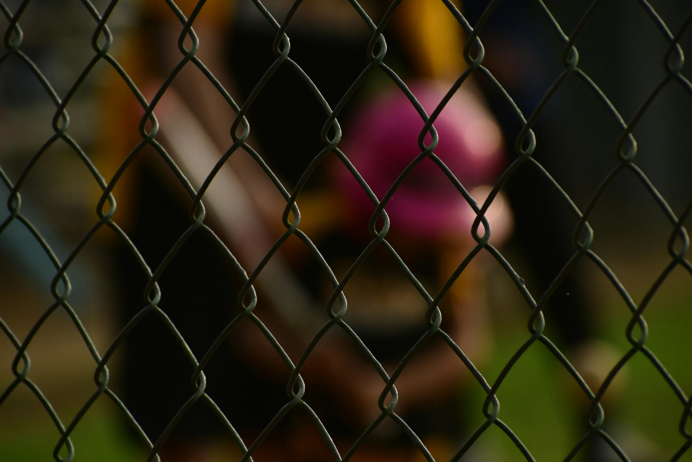 a blurred woman standing behind a fence holding her hand near the camera