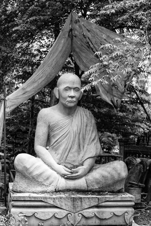 a statue sitting under a small tent with trees in the background